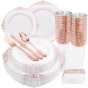 Morejoy 175PCS Rose Gold & Silver Plastic Dinnerware Set: 25 Plates, 25 Forks, 25 Knives, 25 Spoons, 25 Cups, 25 Napkins - Perfect for Wedding & Party