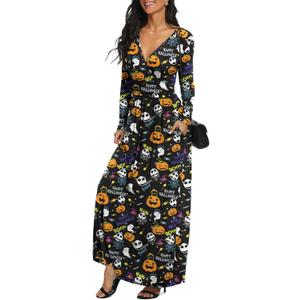 LILBETTER Women Long Sleeve Deep V Neck Loose Plain Long Maxi Casual Dress (Black, S)