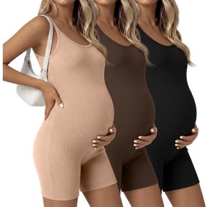 3 Pack Maternity Jumpsuits | Cotton, Spaghetti Strap, Adjustable, Cami, Ribbed, U Neck, Pregnancy, Tank Bodysuits, Casual, Lounge, Summer, Daily Wear M