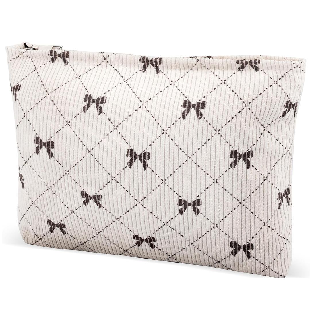 ZLFSRQ Corduroy Makeup Bag for Women Preppy Large Capacity Cosmetic Bags Travel Toiletry Organizer Pouch for Purse Zipper Makeup Brushes Storage Tote Bag Cute Y2K Aesthetic Essential BagsKhaki Bow