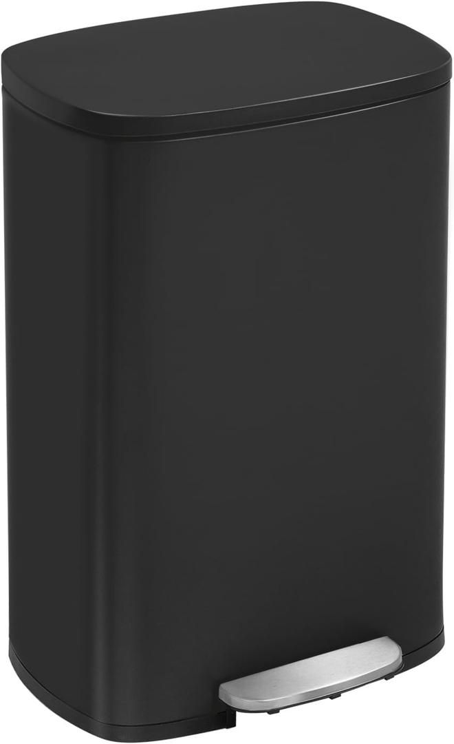 Kitchen Trash Can with Lid for Office Bedroom Bathroom Step Trash Bin Fingerprint-Proof Garbage Bin Brushed Stainless Steel 13 Gallon (Black)