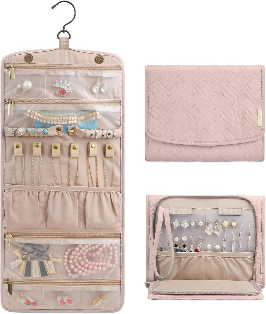 BAGSMART Travel Hanging Jewelry Organizer Case Foldable Jewelry Roll with Hanger for Journey Rings, Necklaces, Bracelets, Earrings, Soft Pink