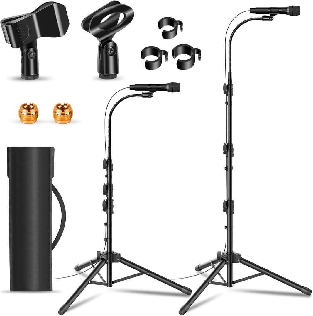 2 Pack Mic Stand Gooseneck Microphone Boom Stand for Singing Height Adjustable from 24 to 67 with 2 Mic Clips for Adults and Kids Singing Lecture Stage, Black