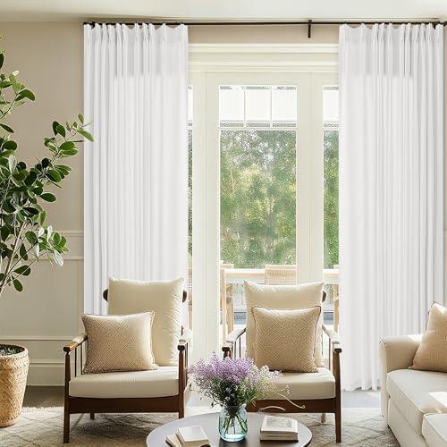 Pinch Pleat Extra Wide 72 x 108 Inch Linen Curtains for Living Room Divider Pleated Drapes with Hooks Rings Semi Sheer Cream Ivory Patio Sliding Door Big Window Curtains 108 Inch Length Ivory White, 1 Piece