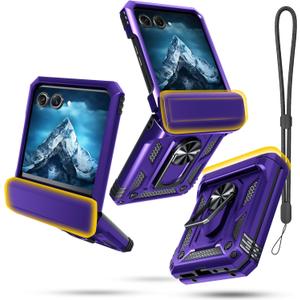 Janmitta Compatible with Moto Razr 2024/2025 Case,Razr+ Plus 2024/2025 Case with Lanyard+Hinge Protection+Finger Ring Holder Kickstand,Dual-Layer Full Body Protective Shockproof Phone Cover,Purple