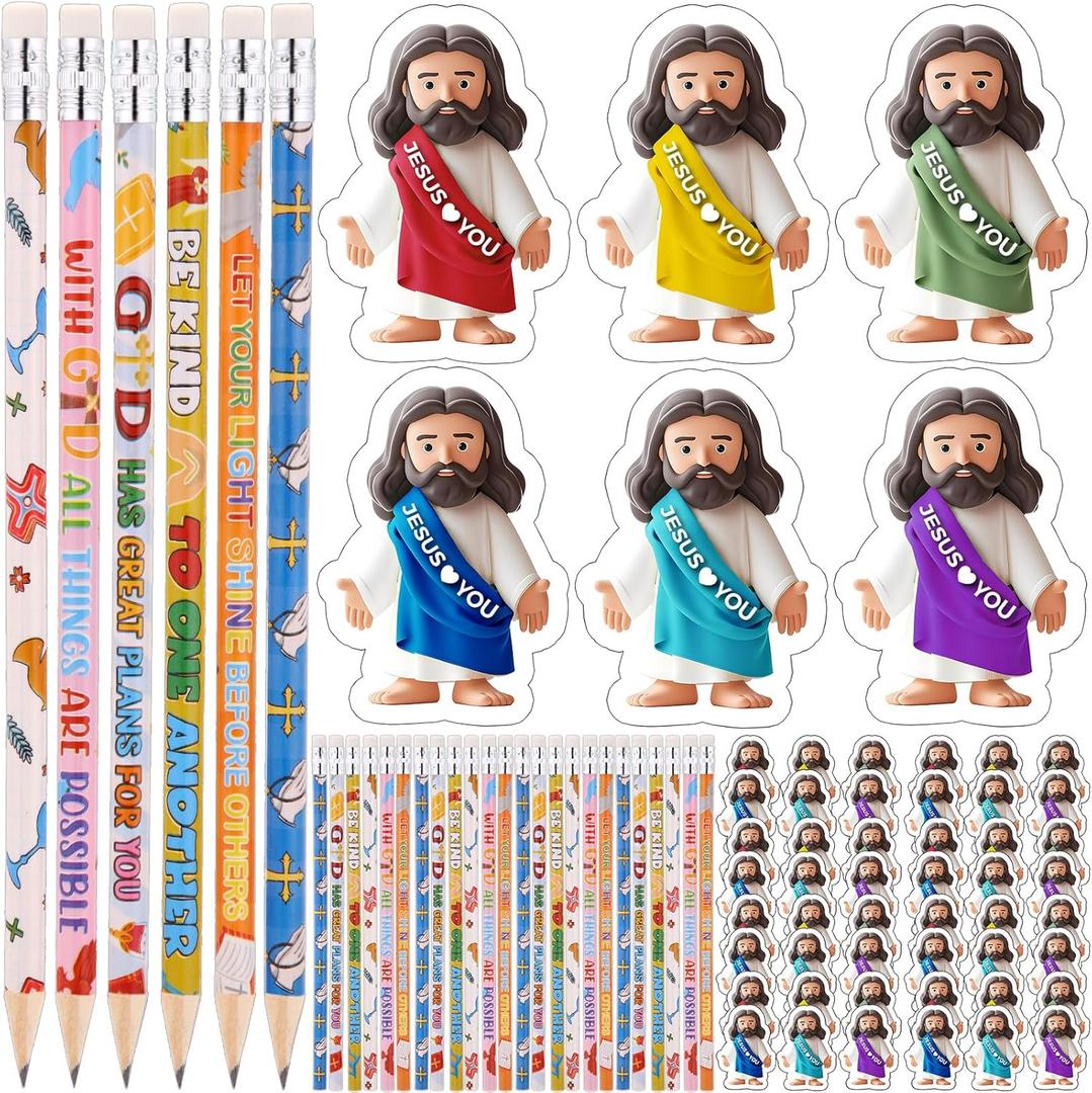 Yexiya 96 Pcs Easter Christian Bible Verse Pencils Bulk Include 48 Bible Verses Pencils 48 Religious Jesus Erasers Inspirational Christian Church Gifts for Sunday School Church Easter Party