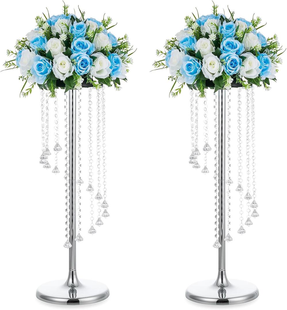 Nuptio 2 Pcs 27.6inch Tall Wedding Centerpieces Silver Vases Crystal Flower Vase Metal Flowers Stand for Party Tables Decorations - Elegant Bulk Weddings Decoration Table Chandelier Centerpiece stands