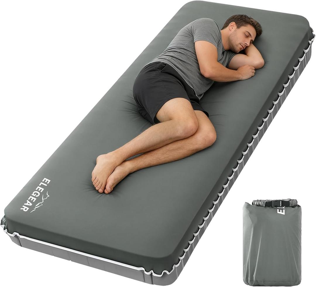 Elegear Air & Foam Camping Mattress, CumbreX 4" Ultra-Thick Memory Foam Sleeping Pad with Air Pump, Compact R-Value 9.5 4-Season Camp Mat for Travel Outdoor - Single Grey