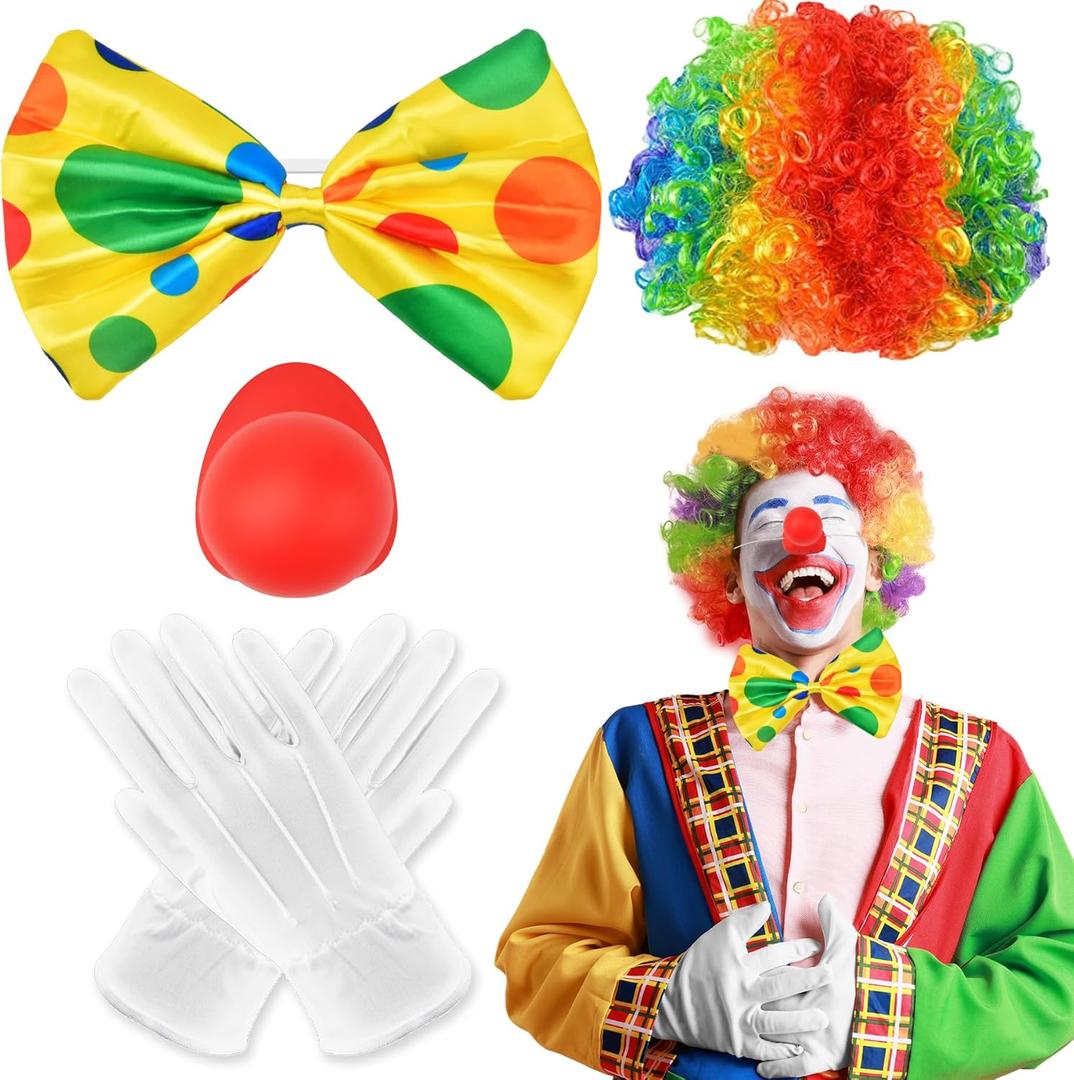 Adult Clown Costume Accessories,Wig, Red Nose,Bow Tie, White Gloves for Halloween Carnival Pretend Play