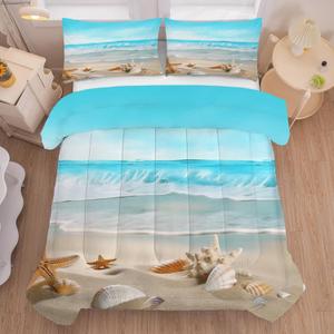 Blue Beach Comforter Set King, Coastal Nature Theme Pattern Bedding Sets for Boys Girls Bedroom, Ocean Hawaiian Starfish Qulit, 1 Comforter, 2 Pillowcases
