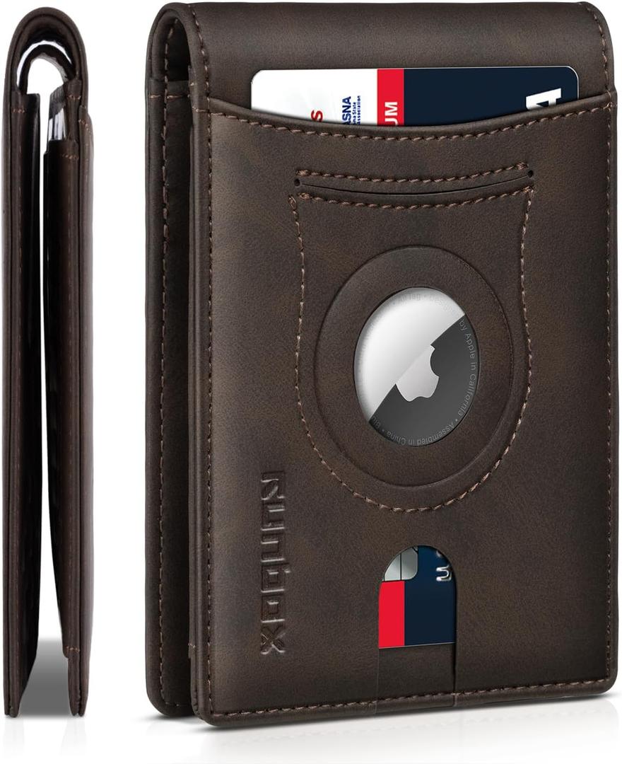 RUNBOX AirTag-Wallet-Mens-Slim-RFID Blocking Wallets Leather with Bill Compartment Air Tag Bifold Card Holder Wallet Gifts for Men Dad (Bicolor Crazy Horse Dark Brown)