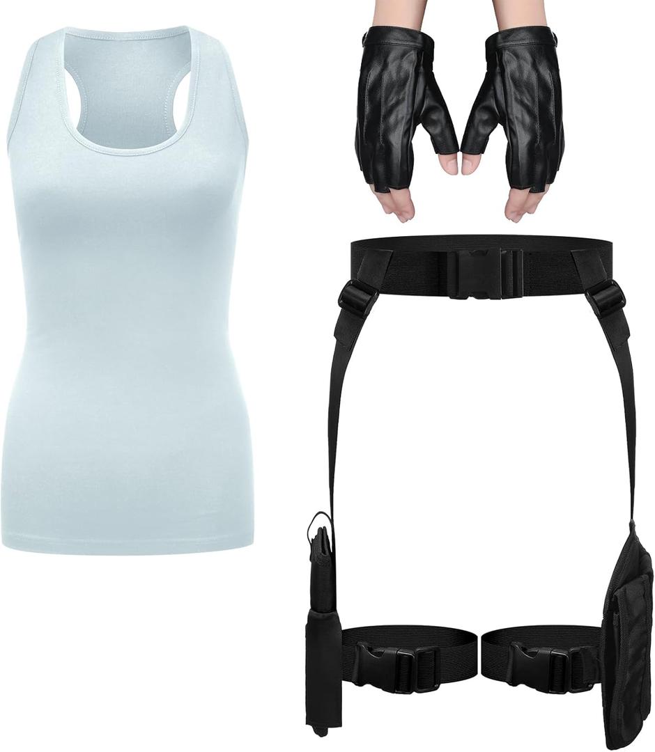 Kathfly 3 Pcs Halloween Thigh Holsters Costume for Women Leg Thigh Gun Holster Drop Adjustable Universal Pistol Holster Holder with Magazine Pouch Racerback Crop Tank Top Leather Gloves (Blue)