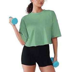 Boxy Cropped Tees for Women Cotton Loose Crop Tops Drop Shoulder Roll Hem Workout Tops, Medium