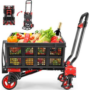 330LB Folding Hand Truck Heavy Duty Carrying, 2-in-1Hand Truck Dolly Foldable with Folding Basket, Combination of 4 Wheels and 2 Wheels Convertible Dolly Cart with Retractable Handle Dolly for Moving.