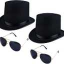 Puyawen 2 Pcs Felt Top Hat with 2 Pcs Sunglasses Black Magician Hat Dress Up Costume Top Hat for Halloween Cosplay Rocker Accessories