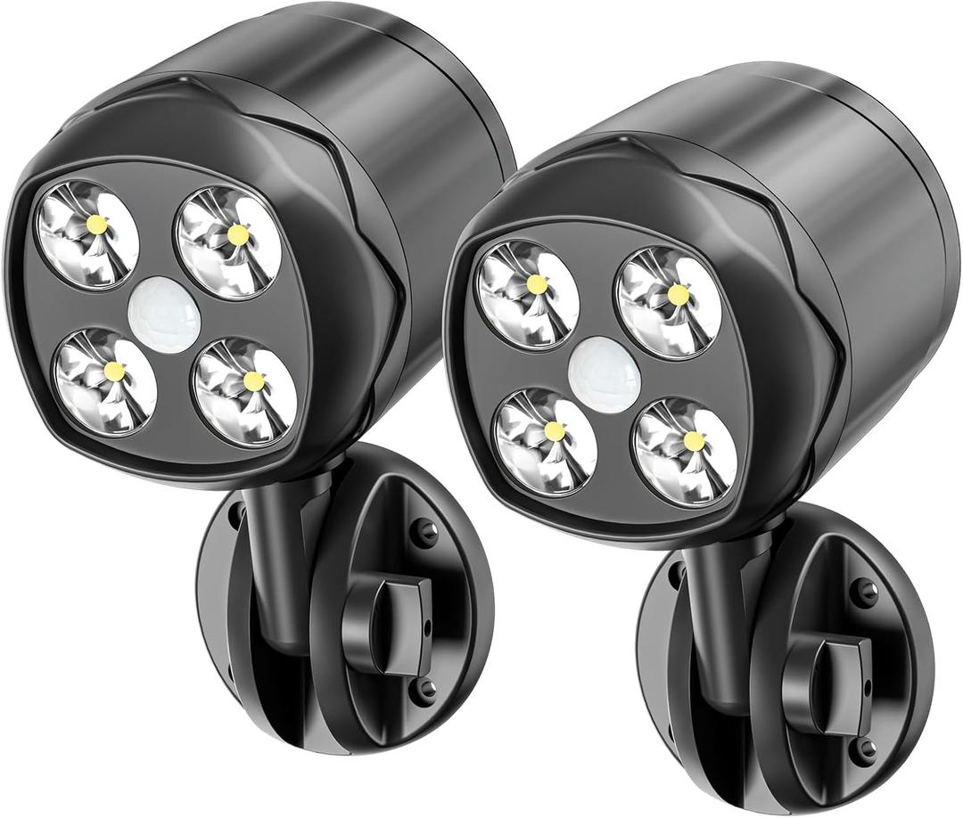 Motion Sensor Outdoor Lights, Battery Operated Outdoor Light, 1000LM Motion Detector Lights for Outside, 6000K LED Security Light Battery Powered Spotlight for House Wall, Black(2 Pack)