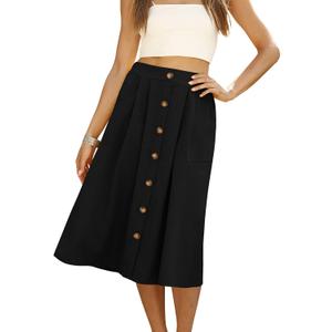 Naggoo Womens Summer Skirts Casual Front Button A-Line High Waisted Midi Skirt with Pockets (Black, L)