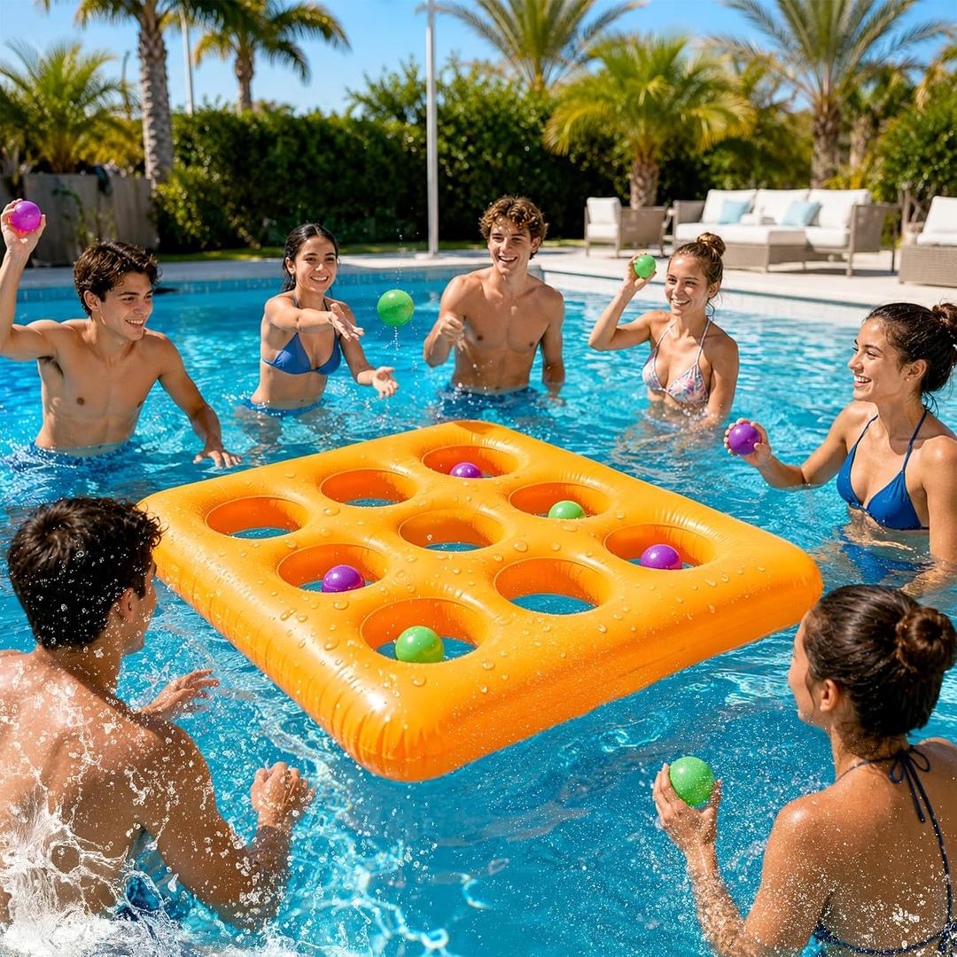 Inflatable Pool Tic Tac Toe Game with 10 Balls for Adults Teens Kids, Floating Tic-Tac-Toe Toy for Swimming Pool and Backyard, Outdoor Summer Water Toys Family Games