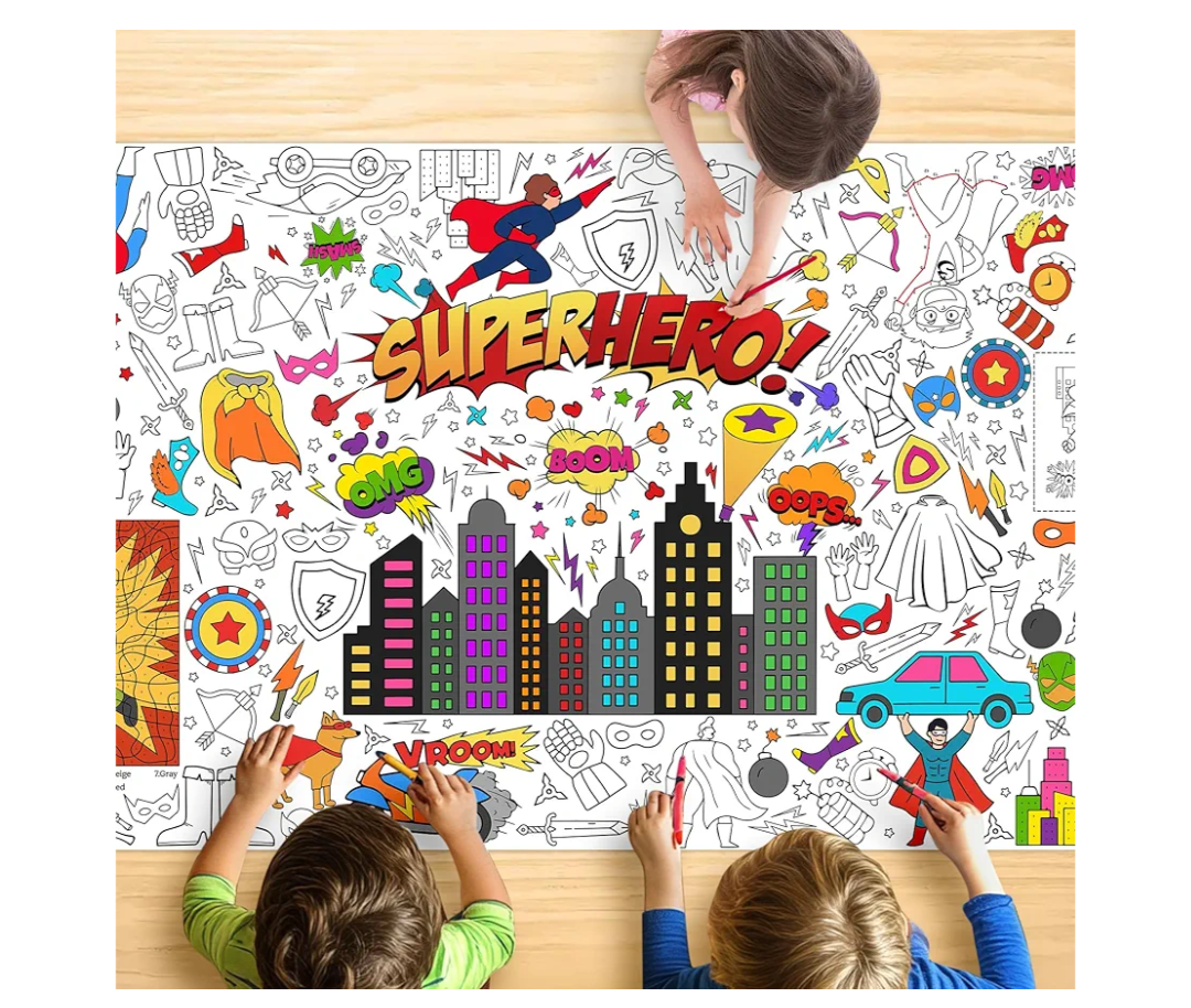 Superhero Coloring Tablecloth for Kids, Fun 30x72 Inch Poster with Capes, Masks, Comic Bursts, Perfect for Boy Birthday Party Games, Action-Themed Decorations, Event Supplies