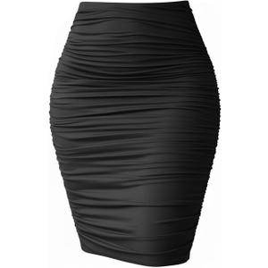 eoeoo Women's Ruched Sexy Bodycon Elastic High Waist Stretch Midi Pencil Skirt (Black)