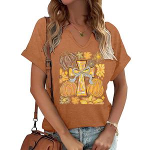 Fall Pumpkin Shirts for Women: Cute Pumpkin V Neck Shirt Thanksgiving Graphic Tees Halloween Pumpkin Tops (S)