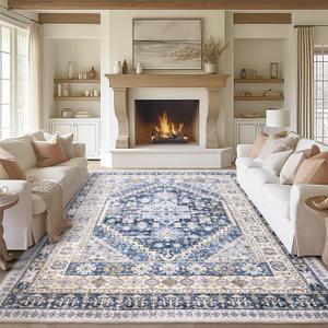 zesthome 10x14 Area Rugs,Stain Resistant Washable Rug,Ultra-Thin Rugs for Living Room,Bedroom,Non-Slip Backing Home Decor Large Area Rug (Blue/Beige,10'x14') (10' x 14' (Rectangular))