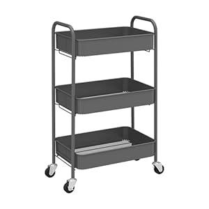 CAXXA 3-Tier Rolling Metal Storage Organizer - Mobile Utility Cart with Caster Wheels, Gray