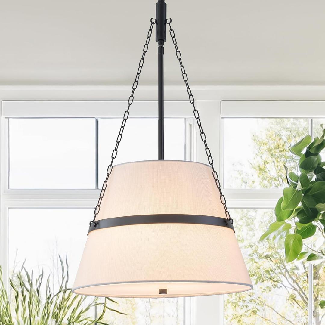 Modern Pendant Light Fixtures Black and White Linen Drum Chandeliers for Dining Room 15.35" 4-Light Adjustable Ceiling Hanging Light for Kitchen Island Entryway Foyer Hallway Bedroom Living Room E12