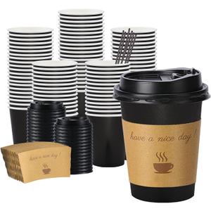 BYSNOW 100 pack 12 oz Thickened Coffee Cups with Lids, Scald Resistant Hot Cups with Sleeve and Straw, To Go Coffee Cups for Home, Office, Cafes and Party (Black 12oz)