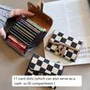 TURBOOST Cute Card Holder, Checkered Canvas Front Pocket Wallet with 11 Card Slots, Small Credit Card Case for Women (Brown)