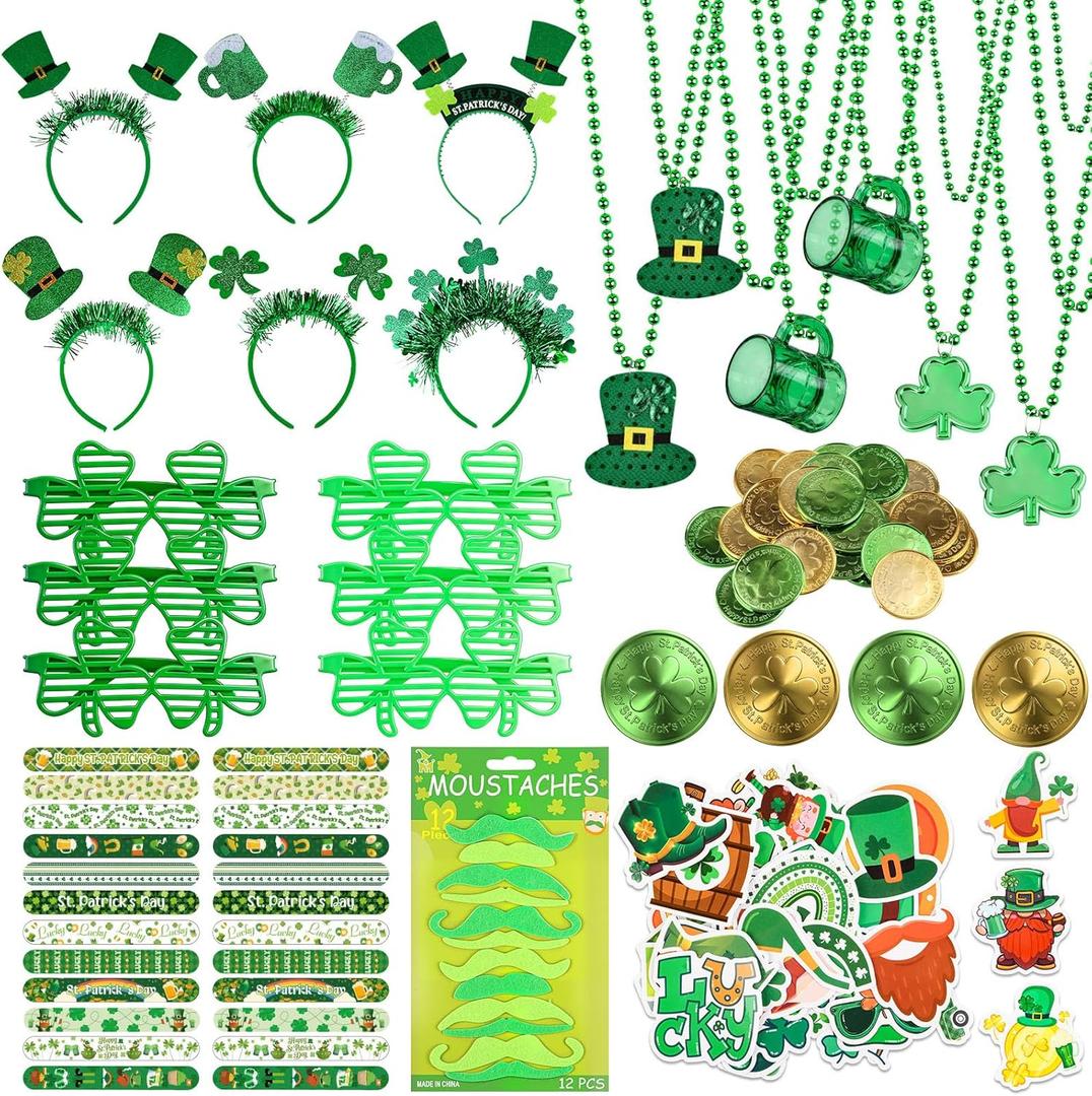 TUZELIYA 134Pcs St. Patrick's Day Accessories Party Favor Set with Stickers Necklaces Slap Bracelets Glasses Headbands Mustaches Coins - St. Patrick's Day Accessories Decoration Supplies for Men Women