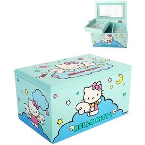 Hello Kitty Jewelry Box with Tray and Storage Official License, Blue Jewelry Box, Wood Jewelry Organizer, Sanrio Gifts (Blue)