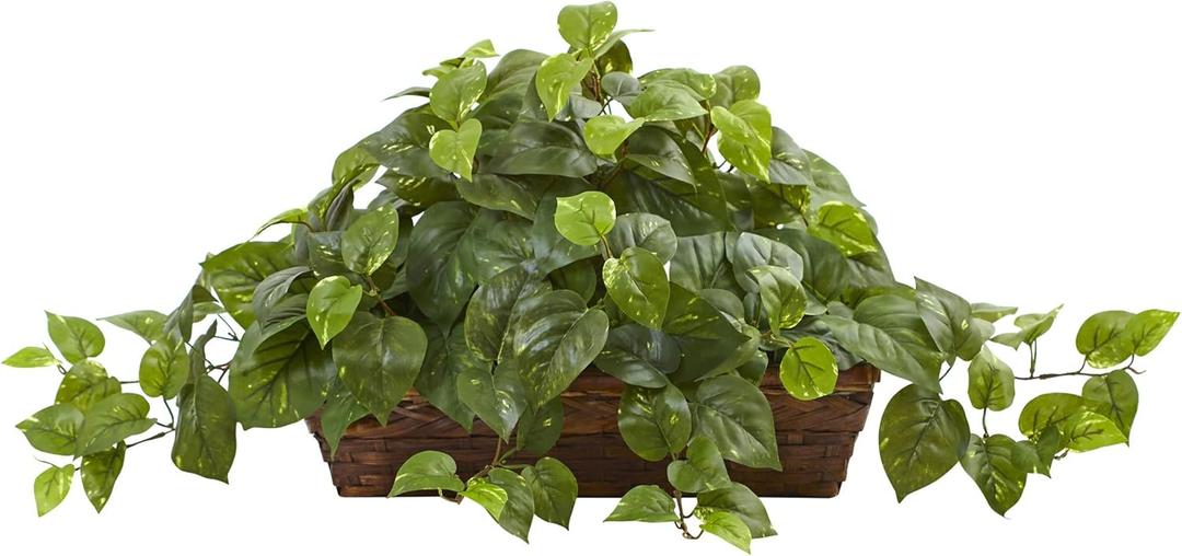 Nearly Natural Pothos with Ledge Basket, Green,34x18x15