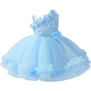 Baby Flower Girl One Shoulder Formal Wedding Dress 6M 9M 1st 2nd 3rd 4th 5t Birthday Cake Smash Outfits Floral Embroidery Toddler Tea Party Pageant Prom Bridesmaid Ball Gown Sky Blue 9-12 Months