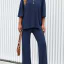 PRETTYGARDEN 2 Piece Lounge Sets for Women Summer 2025 Short Sleeve Tops Wide Leg Pants Matching Travel Outfits Clothing (Navy,X-Small) (XS)