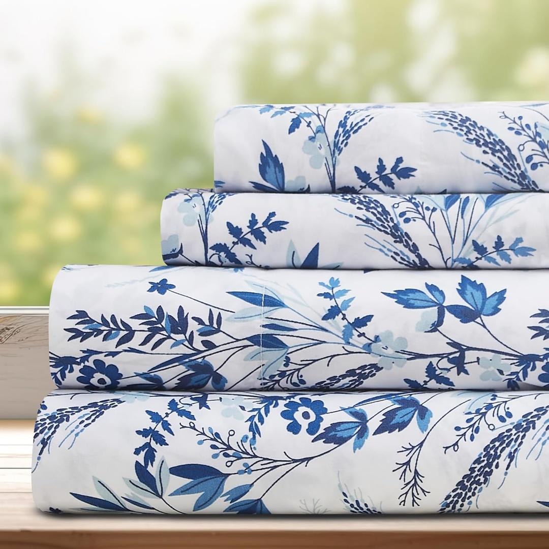DREAMCARE Queen Size Sheets - Floral Sheets Queen Size Bed Set - 4pcs Queen Sheet Set - Cooling Bed Sheets - Queen Size Sheet Sets - Soft & Long Lasting 100% Brushed Floral Bed Set - Floral Blue