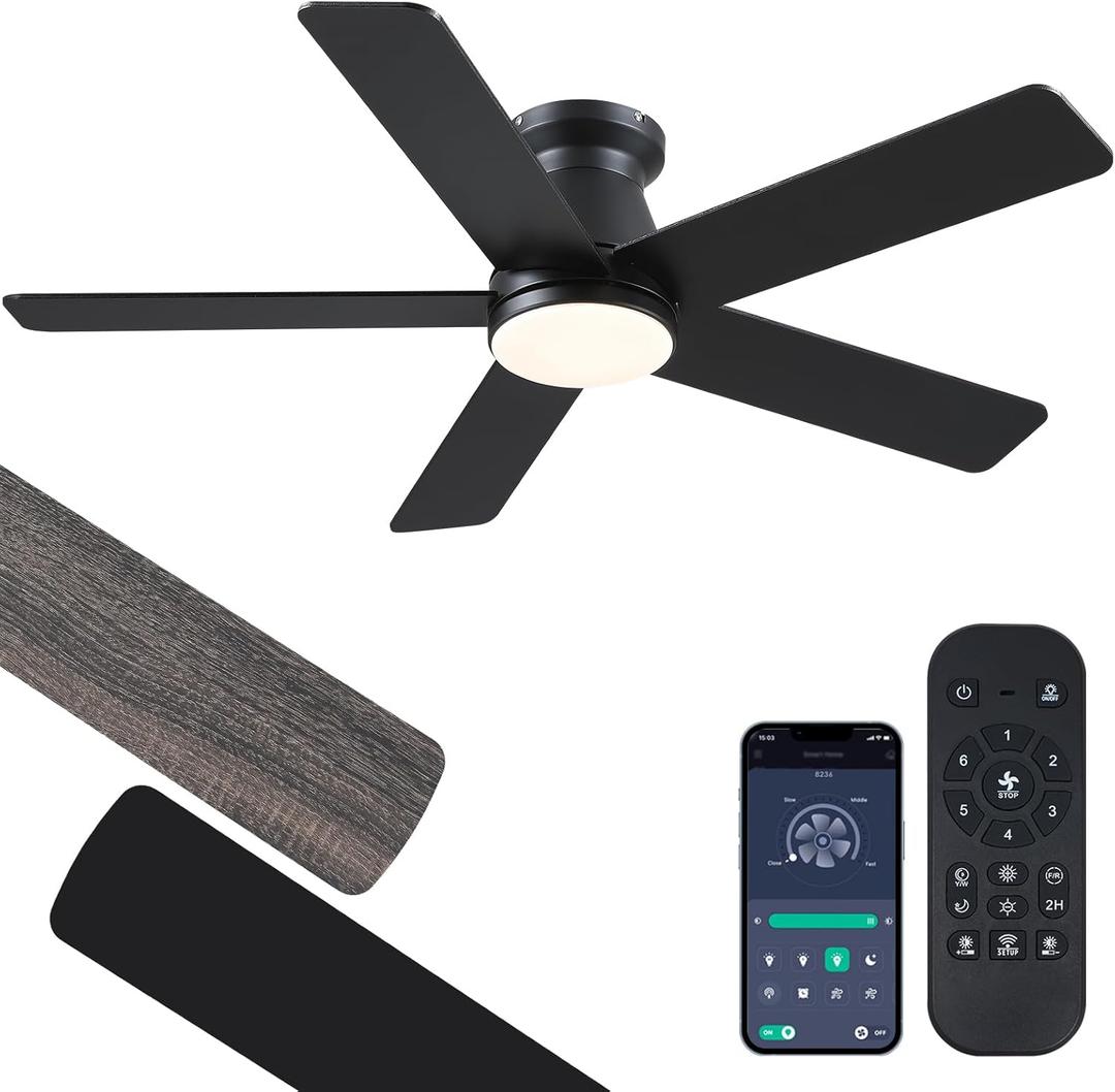 CHESUR 46" Black Flush Mount Ceiling Fans - Low Profile Ceiling Fan Light with Remote/App, 6 Wind Speeds and 3CCT Dimmable, Modern Indoor/Outdoor Fan Light Fixture