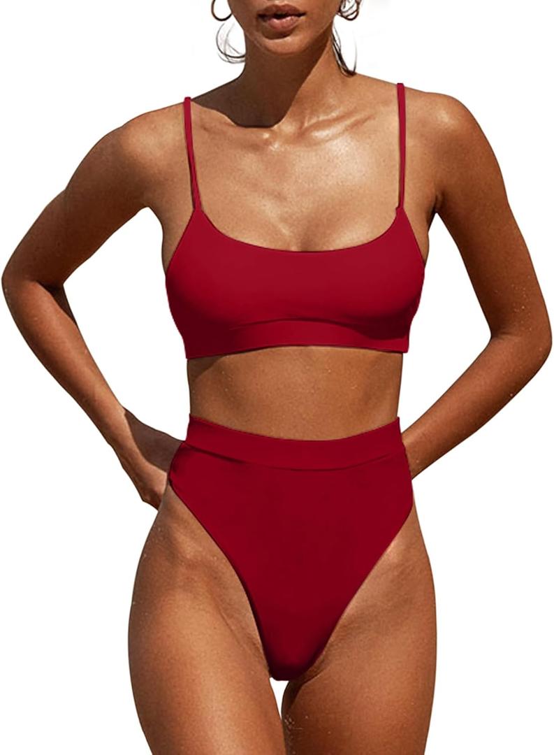 MELYUM High Waisted Bikini Sets for Women Two Piece Swimsuit Tummy Control Bathing Suit Cheeky Bottoms Push Up Top (X-Large, Wine Red)