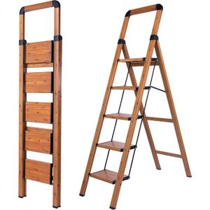 Step Ladders Folding 5-Step Woodgrain Finish Aluminum Foldable Step Stool,Anti-Slip Portable Sturdy for Home & Kitchen Office 330 lbs