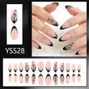 Black French Tip Press on Nails - Medium Almond Fake Nails Press ons with Black Flower & Rhinestones Designs, Glossy Acrylic Nails Full Cover Reusable Glue on Nails for Women Manicure 24Pcs