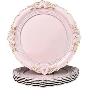 Pink Charger Plates, 13 Inch Embossed Chargers for Dinner Plates. Plastic Charger for Wedding, Party. (Set of 6)