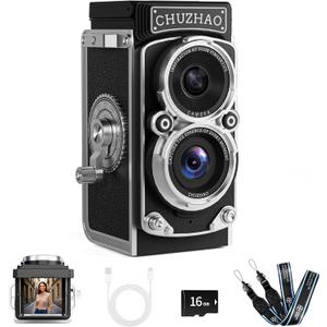 CHUZHAO Mini Retro Digital Camera - Vintage TLR Style Point and Shoot Auto Focus Vlogging Camera, Compact & Portable, 16GB Card Included, Ideal for Beginners, Teens, and Adults (Black)