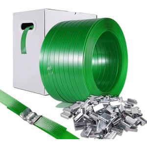 WCM Strapping Packaging Strapping, Pallet Strapping, Banding Strapping Coil (5/8" x 1500 ft x 0.035" PET Polyester Strapping and 100 Buckles) - Heavy-Duty Certified 1200 lbs Break Plastic Strap