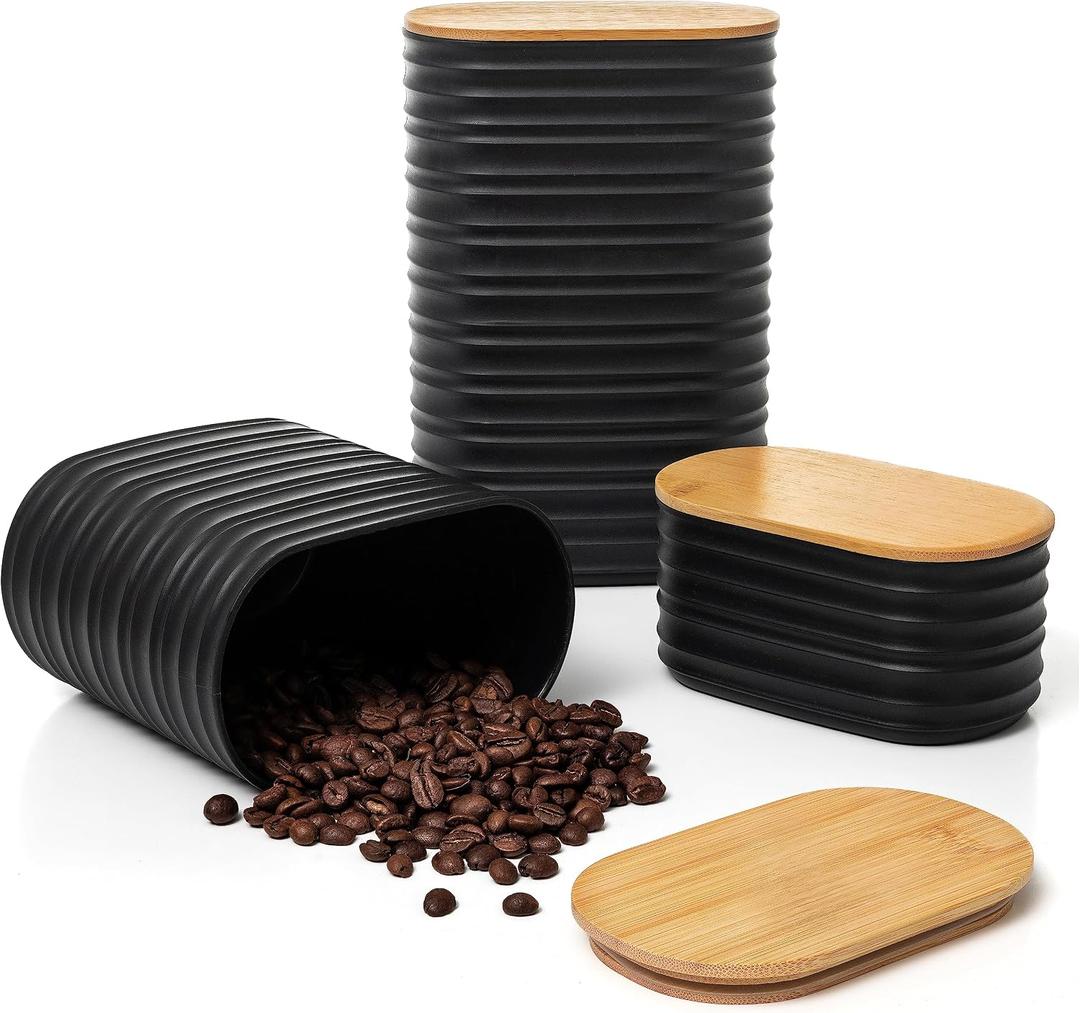 Mixpresso Black Canisters Sets for the Kitchen 3-Piece Airtight Plastic Sugar Container Set with Bamboo Lids in Three Different Sizes Decorative Modern Storage Jars for Coffee, Tea & Countertops