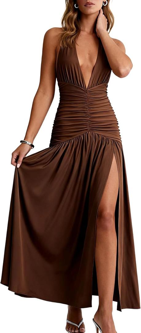 Womens Sexy Deep V Neck High Slit Maxi Dress Halter Tie Backless Formal Evening Party Date Night Infinity Dresses 2026 (Small, Deep Coffee-1)