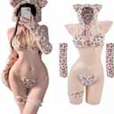 7 Pcs Alluring Anime Tiger Maid Costume for Women Cat Costumes Set with Plush Bra, Tail G-string, Ears Hat, Gloves and Fishnet Stockings, Furry Babydoll Bodysuit, One Size 