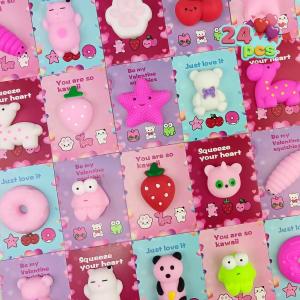 Jofan 24 PCS Valentines Cards with Mochi Squishy Toys Squishies for Kids Valentines Day School Class Classroom Gifts Prizes Party Favors