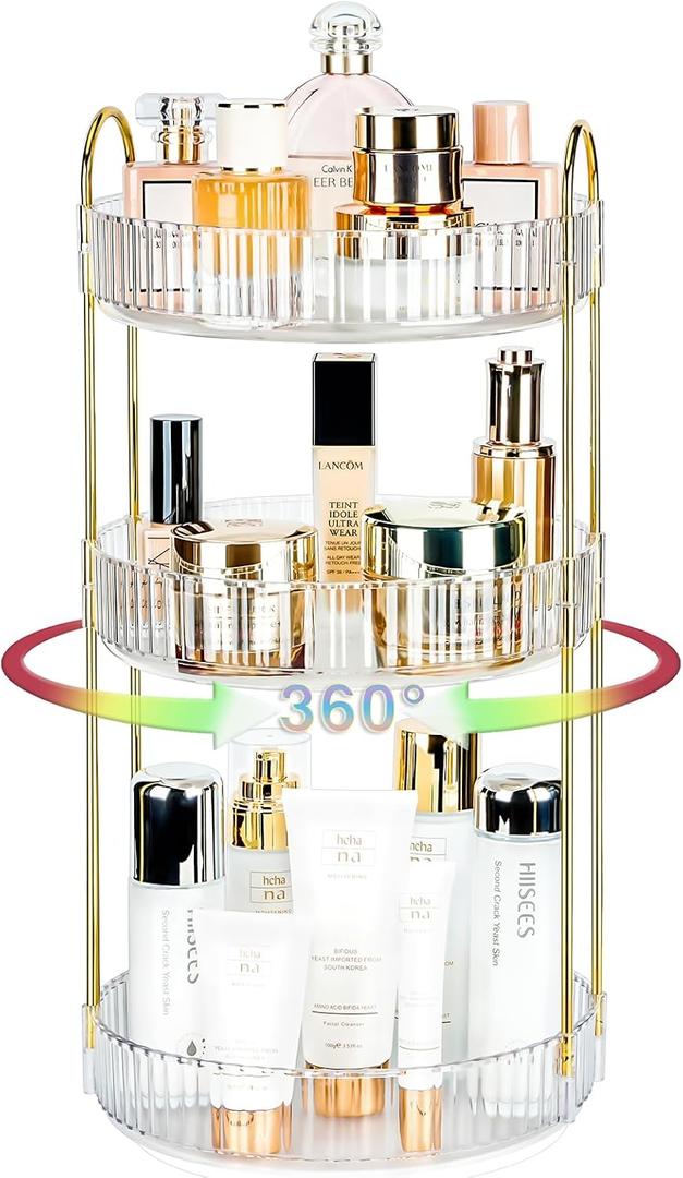 360 Rotating Makeup Organizer, 3 Tier Large Capacity Lazy Susan Bathroom Counter Organizer, Skincare Organizers, Spinning Perfume Organizer & Vanity Organizer Countertop (Golden Clear, 3 Tier)