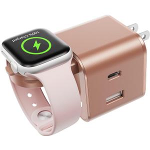 36W for Apple Charging Block with Built-in Watch Charger, Foldable PD Fast Charger Block for iPhone, Dual Ports Wall Charger Compatible with Apple Watch iPhone AirPods(Rose Gold)