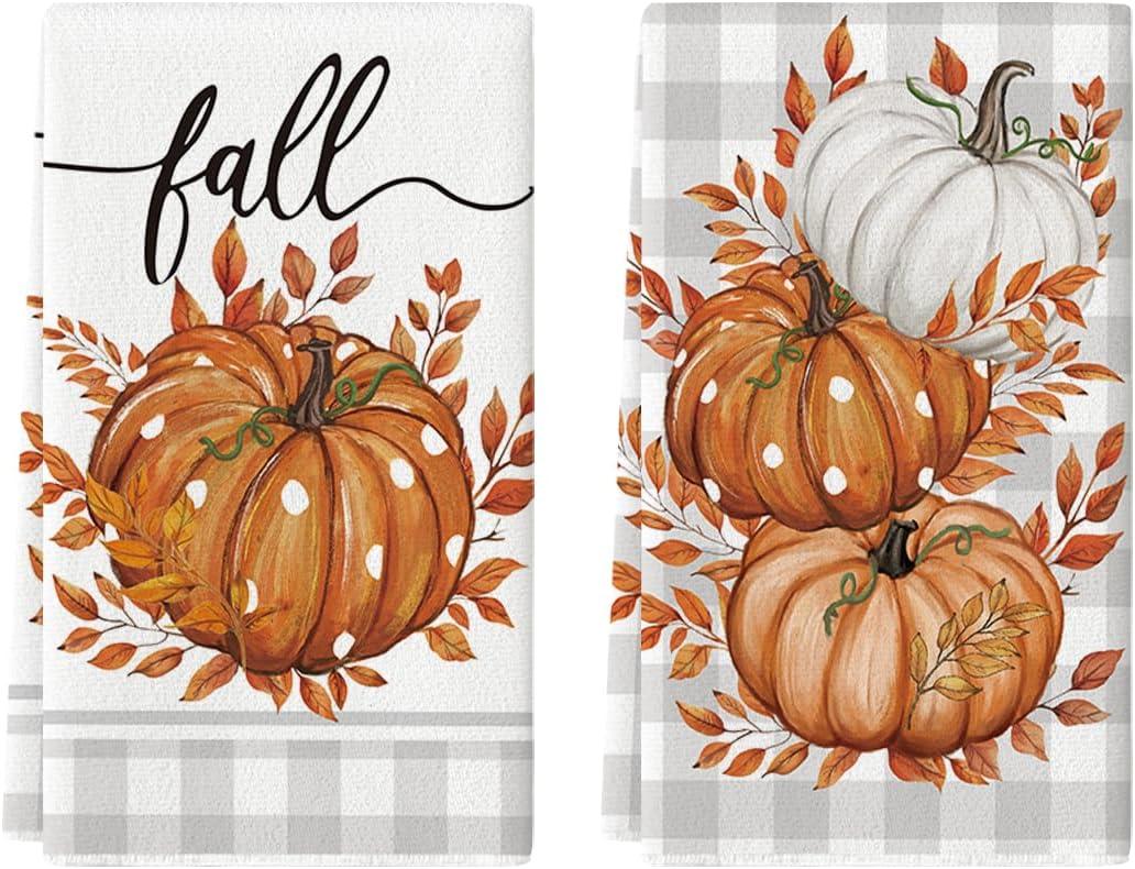 Artoid Mode Orange Buffalo Plaid Leaves Pumpkin Fall Kitchen Towels Dish Towels, 18x26 Inch Farmhouse Decoration Hand Towels Set of 2
